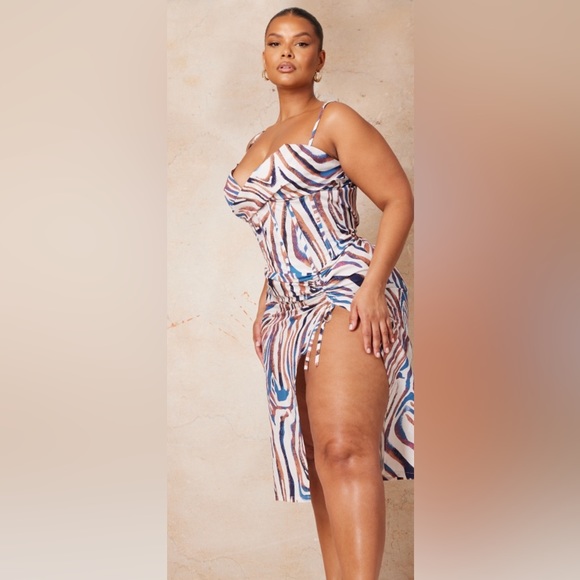 Plus Blue Zebra Print Cowl Ruched Side Midi Dress - Picture 3 of 5